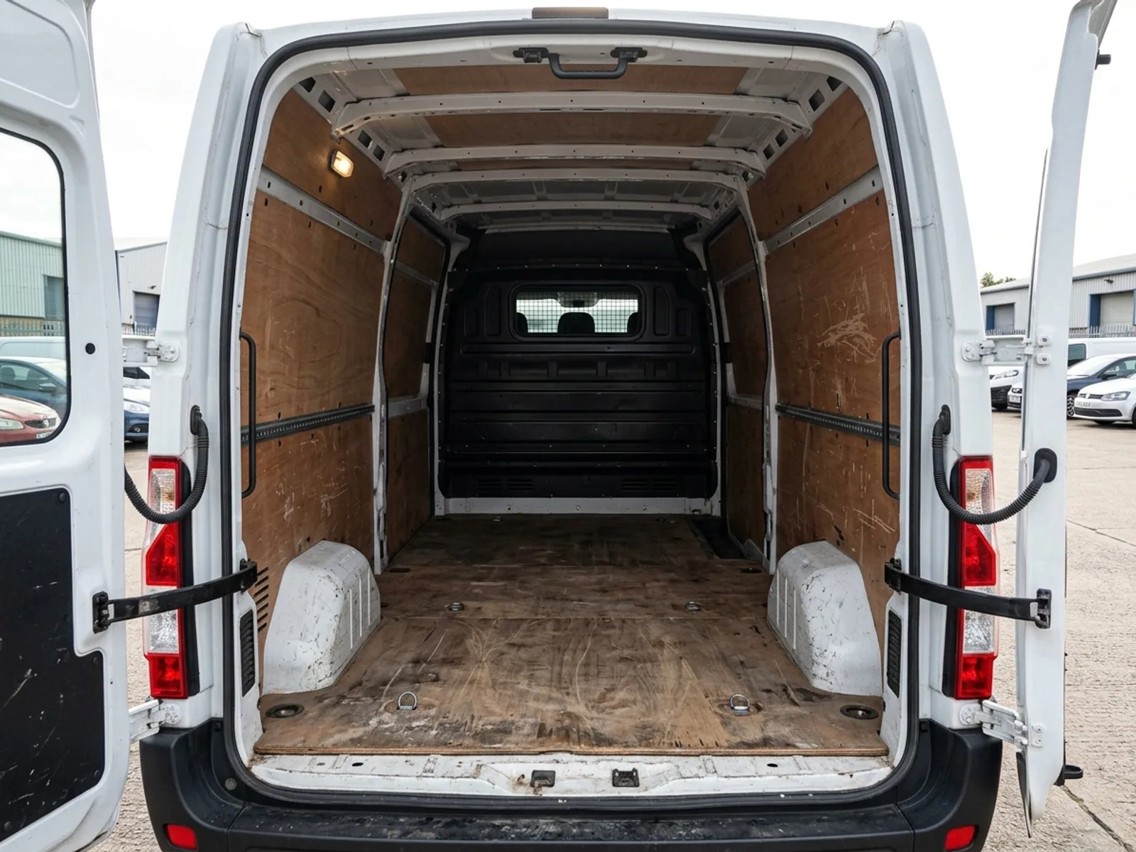 2023 Vauxhall Movano L3 H2 panel van, load bay through the open rear doors, ply lined