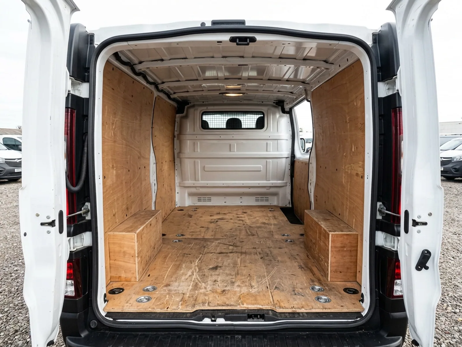 2020 Renault Trafic L2 H1 panel van, load bay through the open rear doors, ply lined