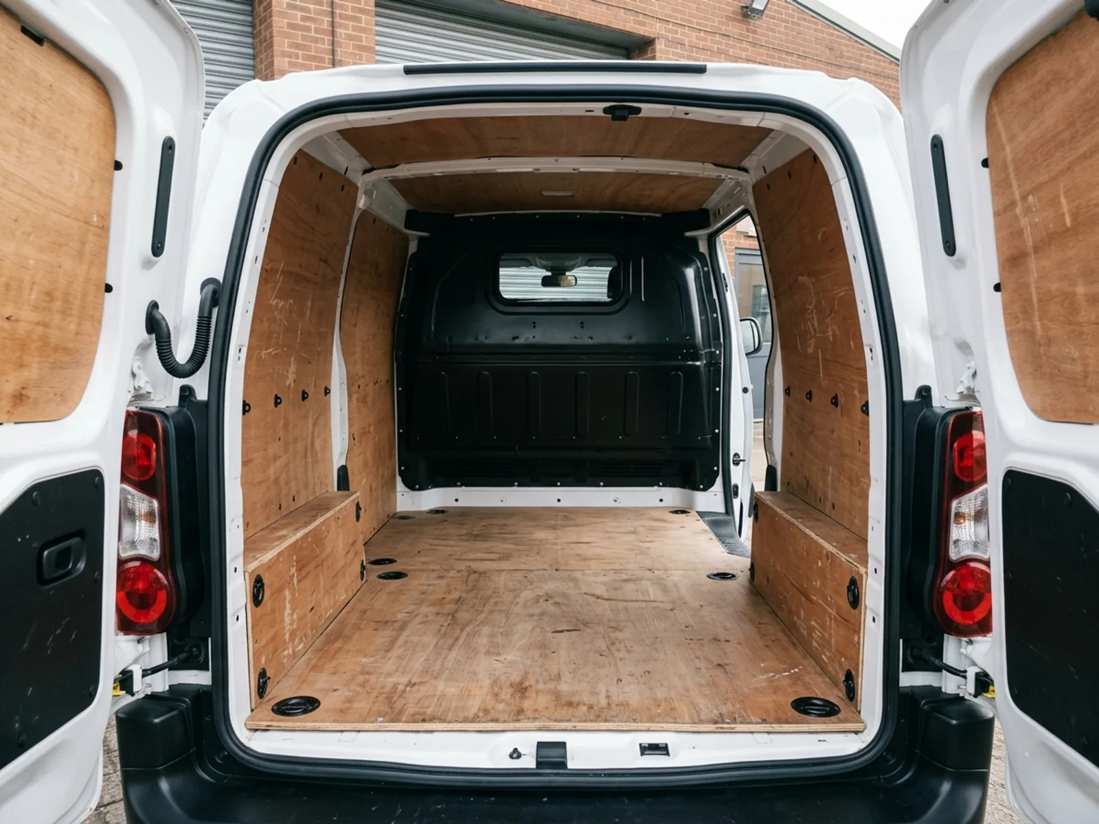 2019 Citroen Berlingo L1 van, load bay through the open rear doors, ply lined